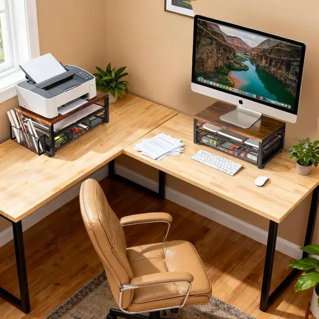 Alt view image 5 of 7 - Monitor Riser with Drawers and Pen Holders, Wood & Mesh Metal Computer Monitor Stand with Storage for Desk, Rustic Brown