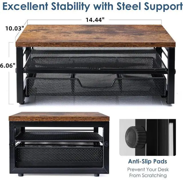 Alt view image 3 of 7 - Monitor Riser with Drawers and Pen Holders, Wood & Mesh Metal Computer Monitor Stand with Storage for Desk, Rustic Brown