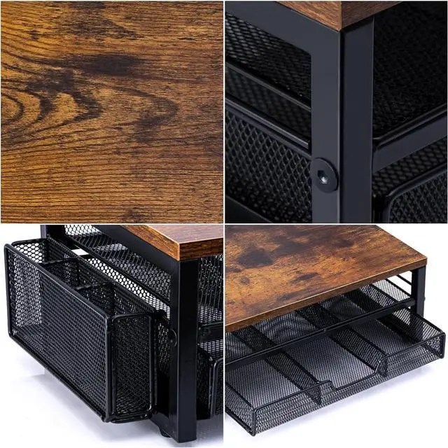 Alt view image 6 of 7 - Monitor Riser with Drawers and Pen Holders, Wood & Mesh Metal Computer Monitor Stand with Storage for Desk, Rustic Brown