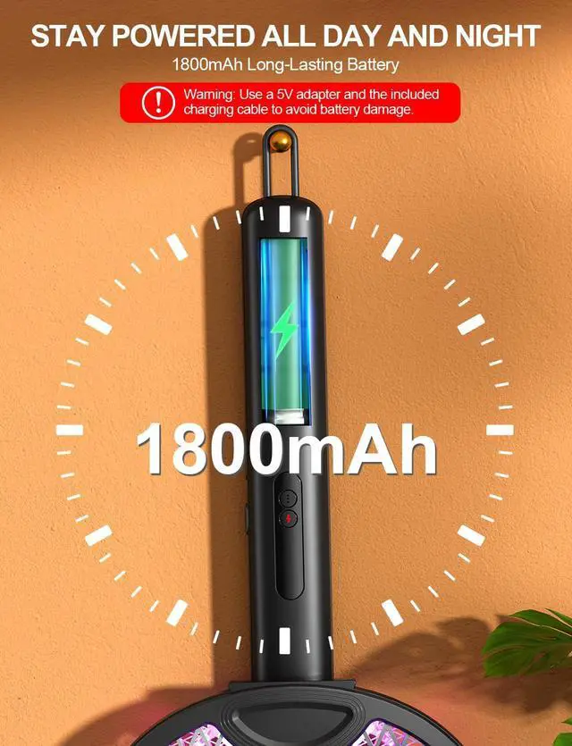 Alt view image 5 of 7 - Electric Fly Swatter 4000V Bug Zapper Racket with 1800mAh Rechargeable Battery 5-Layer Safety Mesh Dual Modes 180° Foldable Ideal for Indoor or Outdoor Use (Black)