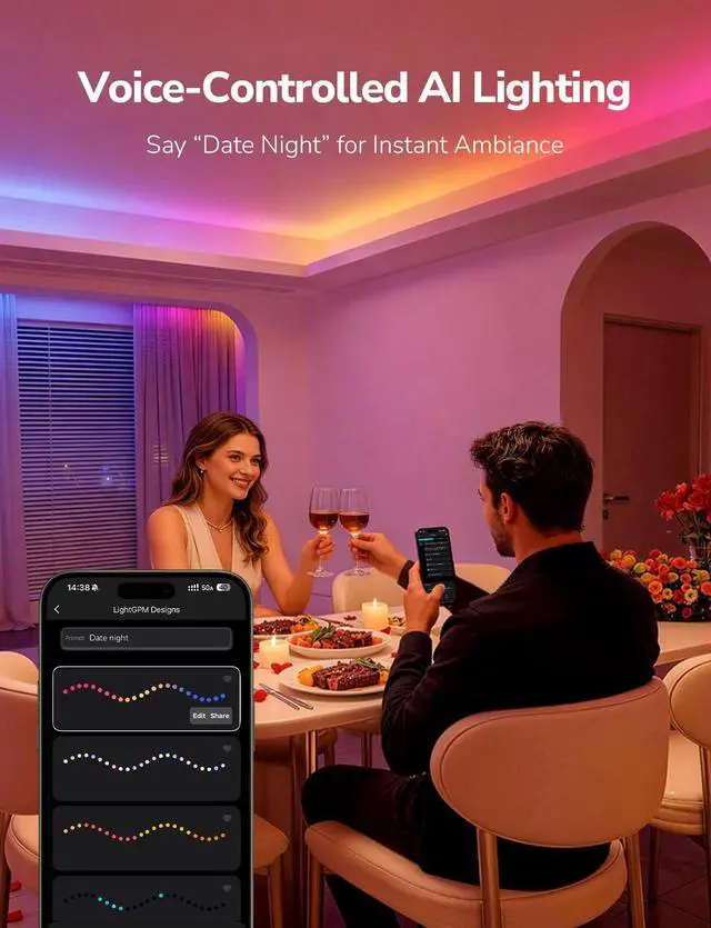 Alt view image 2 of 7 - S1 AI LED Strip Lights for Bedroom - 16.4ft Smart RGB Light Strips with IC and Rainbow Chasing Effects, Color Segment DIY, Personalized Al Lighting Designer, No Remote, 2.4G Wi-Fi & Bluetooth