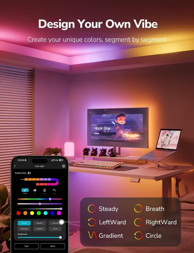 Alt view image 7 of 7 - S1 AI LED Strip Lights for Bedroom - 16.4ft Smart RGB Light Strips with IC and Rainbow Chasing Effects, Color Segment DIY, Personalized Al Lighting Designer, No Remote, 2.4G Wi-Fi & Bluetooth