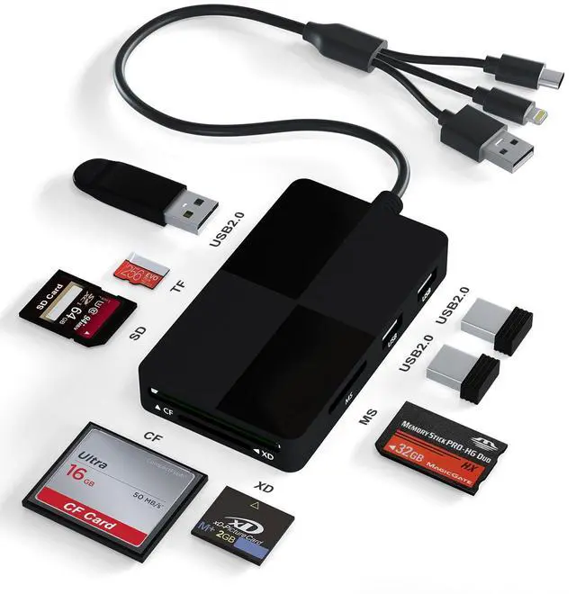 Main image of Memory Stick pro Duo Adapter Reader - 8 in 1 SD/TF/MS/CF/XD Card Reader with 3 USB 2.0 Ports for iPhone/Computer/USB-C Device, Built-in 3-in-1 Connector (Lightning, USB-C and USB-A), Plug & Play