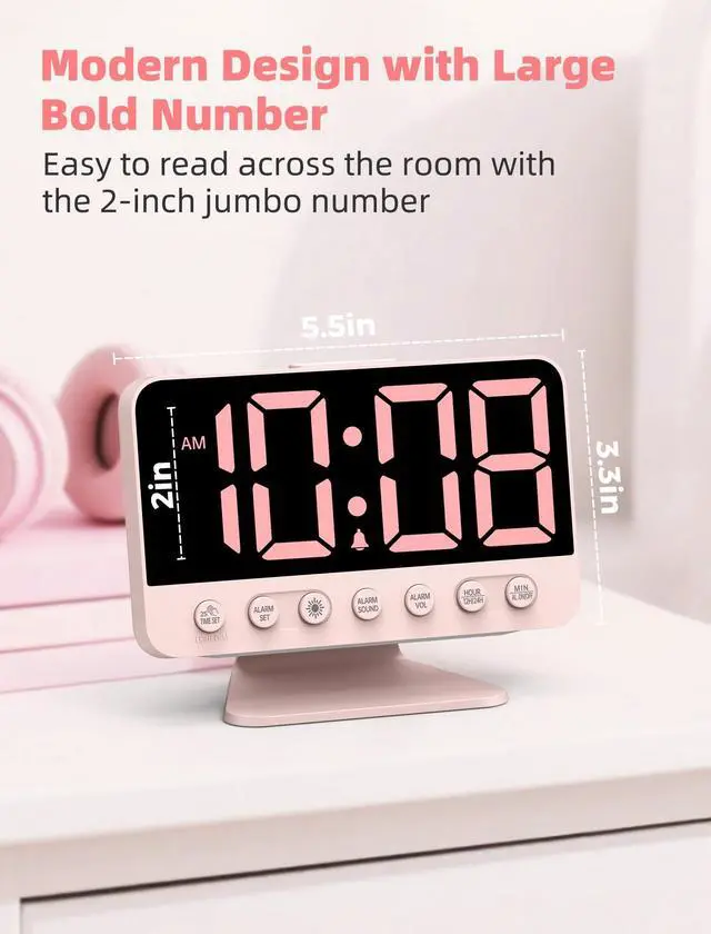 Alt view image 2 of 7 - Digital Alarm Clocks for Bedrooms: Large Bold Number 5 Brightness Dimmer - Easy to Read Across The Room - 5 Alarm Sound 8 Night Light - Sakura Pink