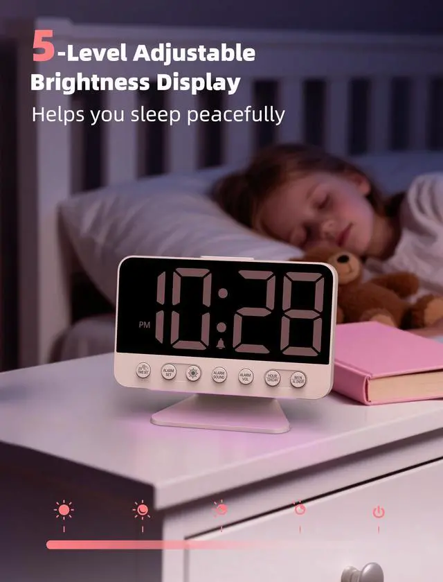 Alt view image 4 of 7 - Digital Alarm Clocks for Bedrooms: Large Bold Number 5 Brightness Dimmer - Easy to Read Across The Room - 5 Alarm Sound 8 Night Light - Sakura Pink