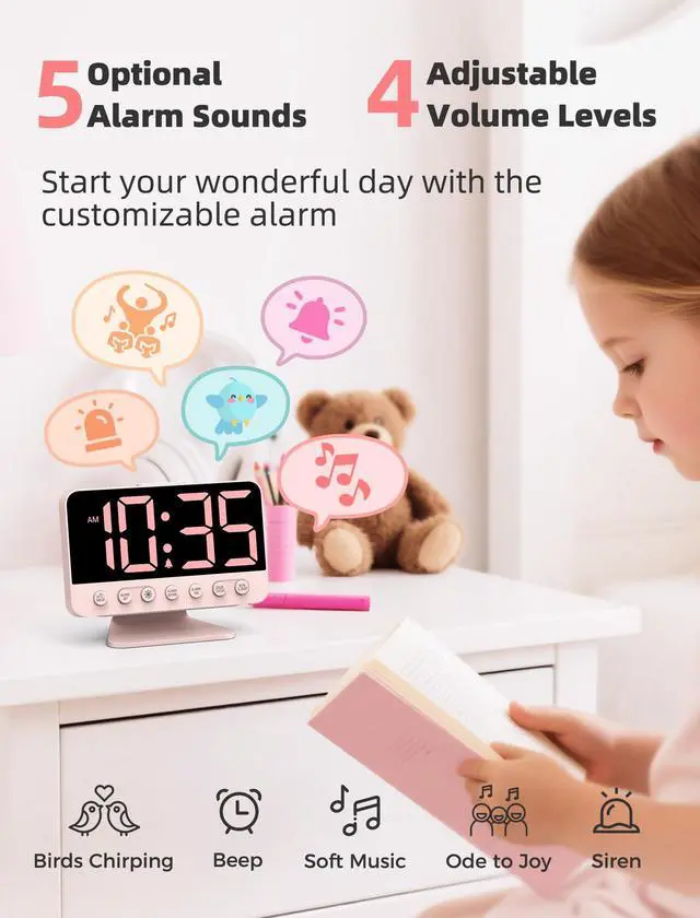 Alt view image 3 of 7 - Digital Alarm Clocks for Bedrooms: Large Bold Number 5 Brightness Dimmer - Easy to Read Across The Room - 5 Alarm Sound 8 Night Light - Sakura Pink