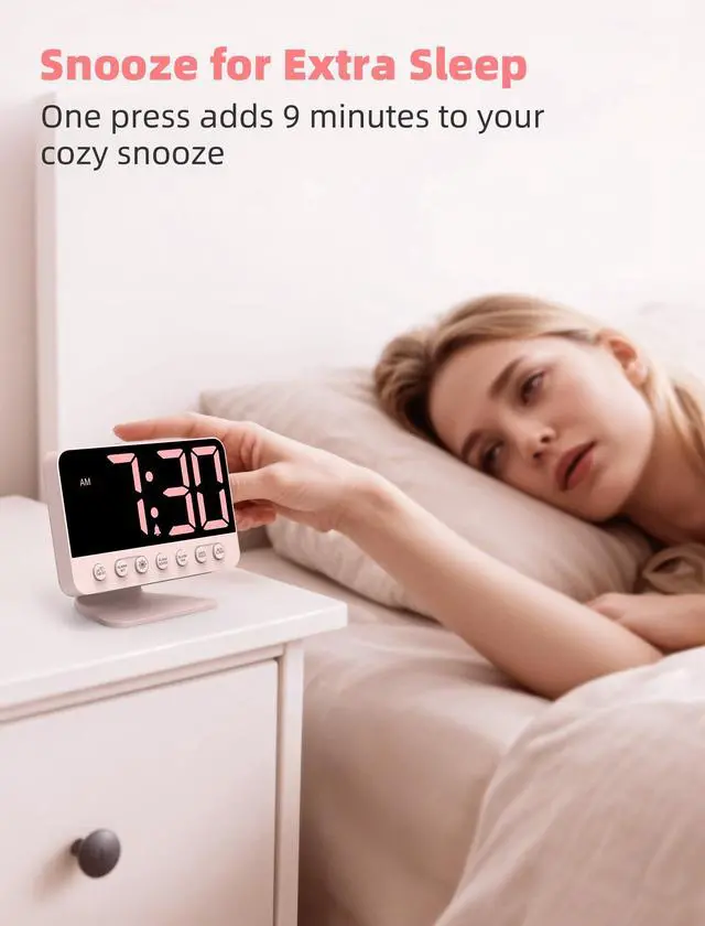 Alt view image 6 of 7 - Digital Alarm Clocks for Bedrooms: Large Bold Number 5 Brightness Dimmer - Easy to Read Across The Room - 5 Alarm Sound 8 Night Light - Sakura Pink