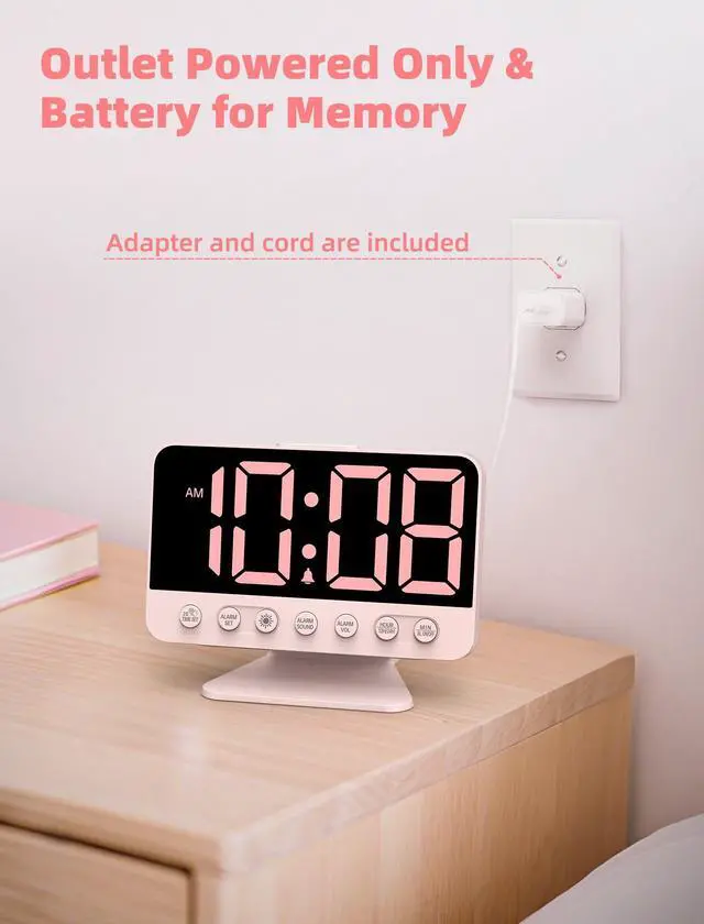 Alt view image 7 of 7 - Digital Alarm Clocks for Bedrooms: Large Bold Number 5 Brightness Dimmer - Easy to Read Across The Room - 5 Alarm Sound 8 Night Light - Sakura Pink