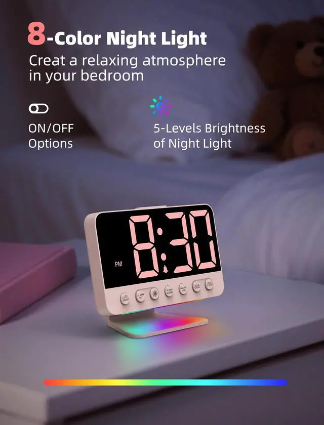 Alt view image 5 of 7 - Digital Alarm Clocks for Bedrooms: Large Bold Number 5 Brightness Dimmer - Easy to Read Across The Room - 5 Alarm Sound 8 Night Light - Sakura Pink