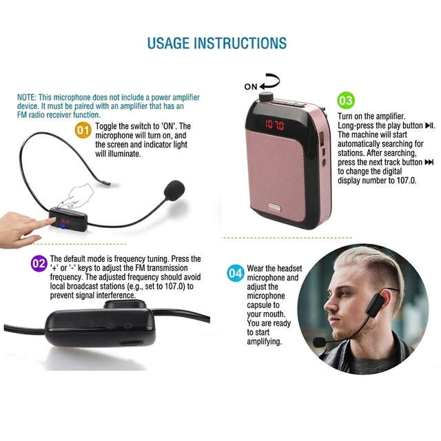 Alt view image 5 of 7 - Wireless FM Headset Microphone, Rechargeable Hands-Free Mic for Voice Amplifier, Perfect for Teacher, Tour Guide, Church, Conference, Public Speaking & Karaoke