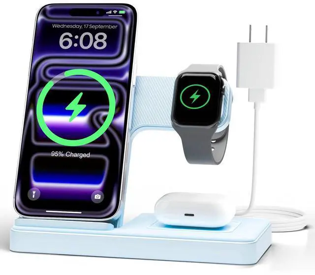 Main image of Wireless Charger Stand Charging Station: 3 in 1 Charger Stand Multiple Devices for Apple - iPhone 17 16e 16 15 14 Pro Max 13 12 - Watch 11 10 9 8 7 6 5 4 3 2 SE and Ultra Series-Airpods 4 3 Pro, Blue