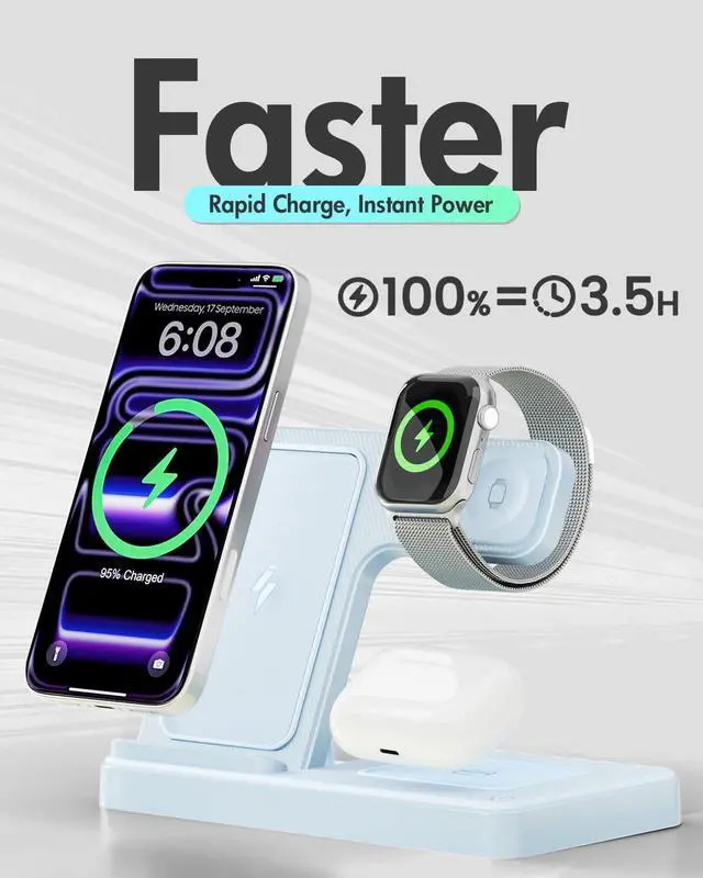 Alt view image 5 of 7 - Wireless Charger Stand Charging Station: 3 in 1 Charger Stand Multiple Devices for Apple - iPhone 17 16e 16 15 14 Pro Max 13 12 - Watch 11 10 9 8 7 6 5 4 3 2 SE and Ultra Series-Airpods 4 3 Pro, Blue