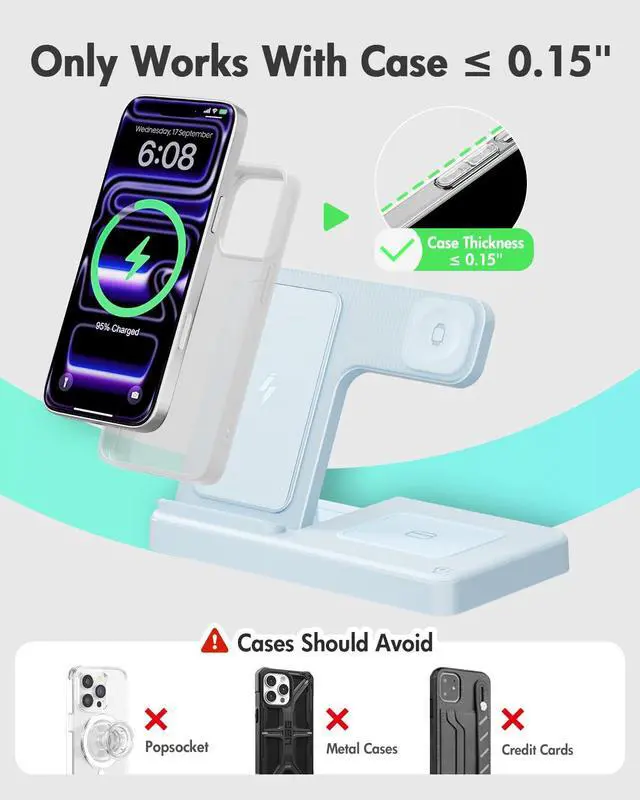 Alt view image 3 of 7 - Wireless Charger Stand Charging Station: 3 in 1 Charger Stand Multiple Devices for Apple - iPhone 17 16e 16 15 14 Pro Max 13 12 - Watch 11 10 9 8 7 6 5 4 3 2 SE and Ultra Series-Airpods 4 3 Pro, Blue