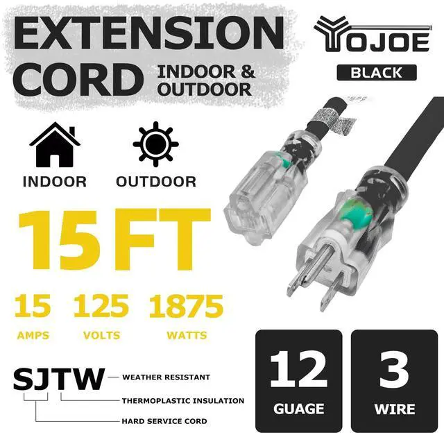 Alt view image 2 of 7 - Indoor Outdoor Extension Cord with Lighted End, 3 Prong 15A Weatherproof Power Extension Cord, 12 Gauge Heavy Duty 15 ft Black Extension Cord for Garage, Garden and Home, 12/3 SJTW UL Listed