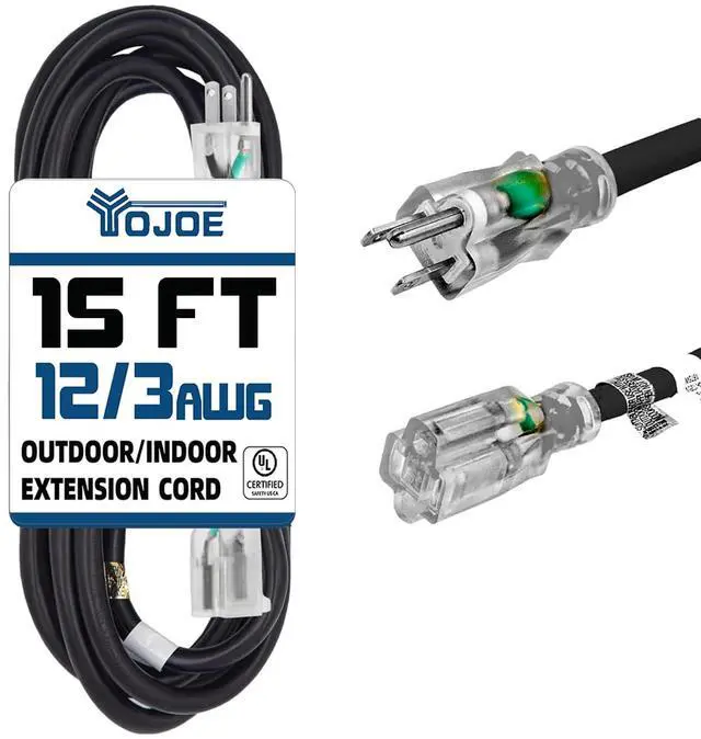 Main image of Indoor Outdoor Extension Cord with Lighted End, 3 Prong 15A Weatherproof Power Extension Cord, 12 Gauge Heavy Duty 15 ft Black Extension Cord for Garage, Garden and Home, 12/3 SJTW UL Listed