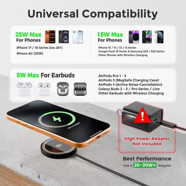 Alt view image 3 of 5 - 25W Magnetic Wireless Charger: Fast Charging Pad for iPhone 17 16 15 14 13 12 Pro Max, Samsung Galaxy S26 S25, Google Pixel 10, AirPods-Slim Portable for Travel Bedside Office-Black 2 Pack