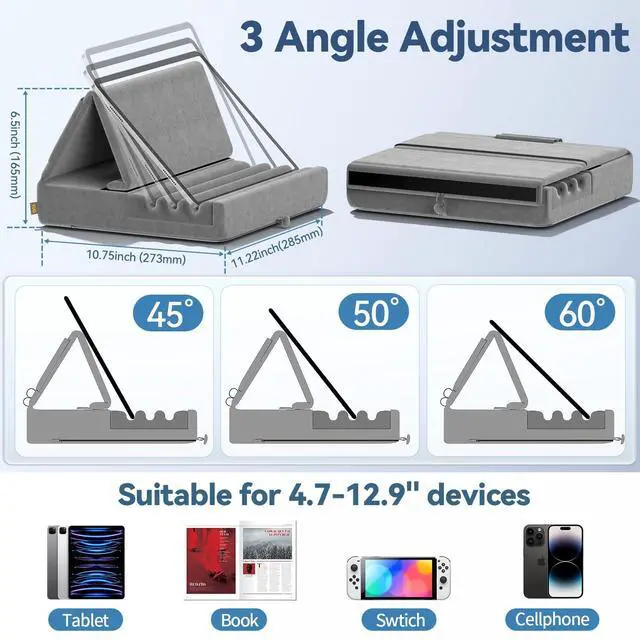 Alt view image 7 of 7 - Tablet Pillow Holder, Foldable iPad Stand for Lap, Bed and Desk -Tablet Soft Pad Dock with Pocket & Stylus Mount Compatible with iPad Pro 12.9, 10.5, 9.7 Air Mini 6 5 4 3, Galaxy Tab, E-Reader