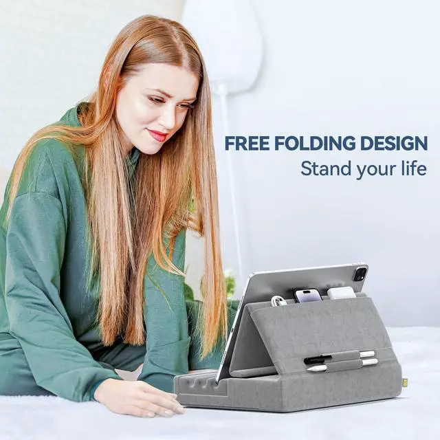 Alt view image 3 of 7 - Tablet Pillow Holder, Foldable iPad Stand for Lap, Bed and Desk -Tablet Soft Pad Dock with Pocket & Stylus Mount Compatible with iPad Pro 12.9, 10.5, 9.7 Air Mini 6 5 4 3, Galaxy Tab, E-Reader