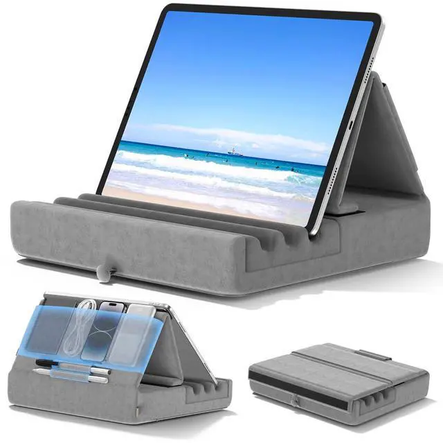 Main image of Tablet Pillow Holder, Foldable iPad Stand for Lap, Bed and Desk -Tablet Soft Pad Dock with Pocket & Stylus Mount Compatible with iPad Pro 12.9, 10.5, 9.7 Air Mini 6 5 4 3, Galaxy Tab, E-Reader