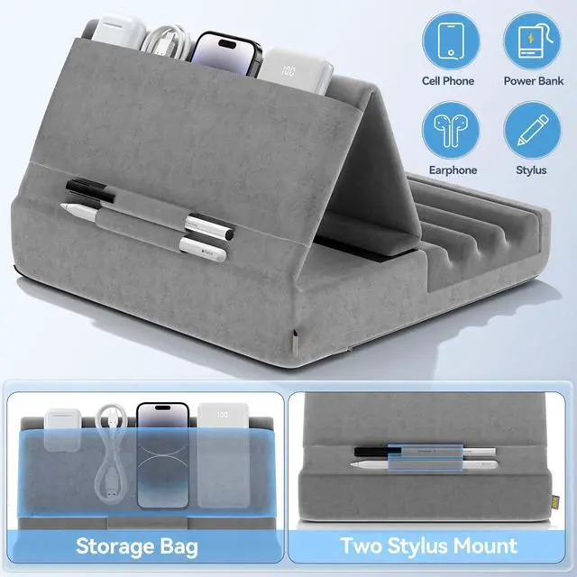 Alt view image 5 of 7 - Tablet Pillow Holder, Foldable iPad Stand for Lap, Bed and Desk -Tablet Soft Pad Dock with Pocket & Stylus Mount Compatible with iPad Pro 12.9, 10.5, 9.7 Air Mini 6 5 4 3, Galaxy Tab, E-Reader