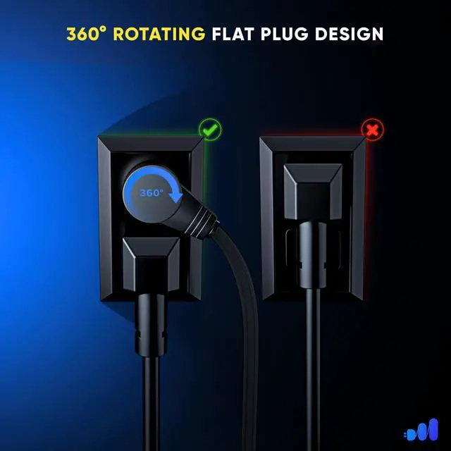 Alt view image 4 of 7 - 360 Rotating Flat Plug Extension Cord - 25 Feet, Slim Space-Saving Design, Low Profile (Black)