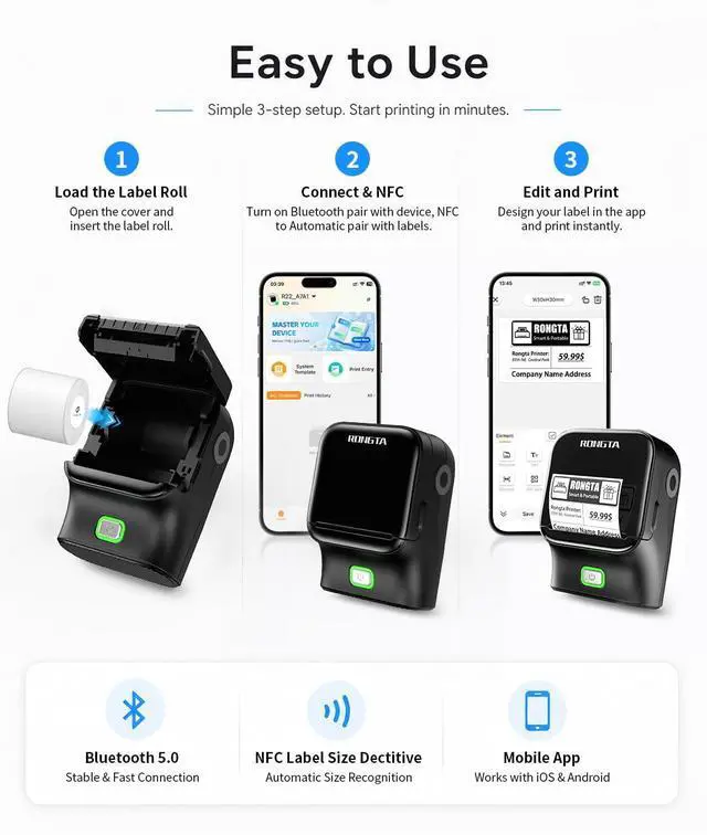 Alt view image 3 of 7 - Bluetooth Label Maker Machine, Thermal Label Printer Easy to Use for Office, Home, Business, Came with 1 Roll 2x1.18 inch White Label(Black)