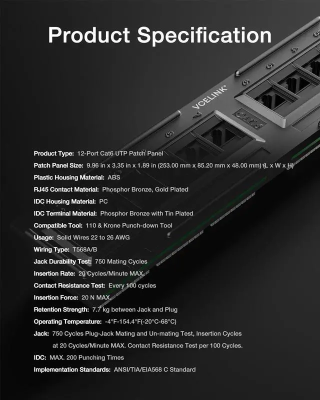 Alt view image 6 of 7 - Port Cat6 Patch Panel 1000 Mbps for Home and Office, Network Panel UTP with Wall Mount 89D Bracket for CAT6/CAT5E/CAT5 Cabling, 9.96 L x 3.35 H Inches, 1 Pack