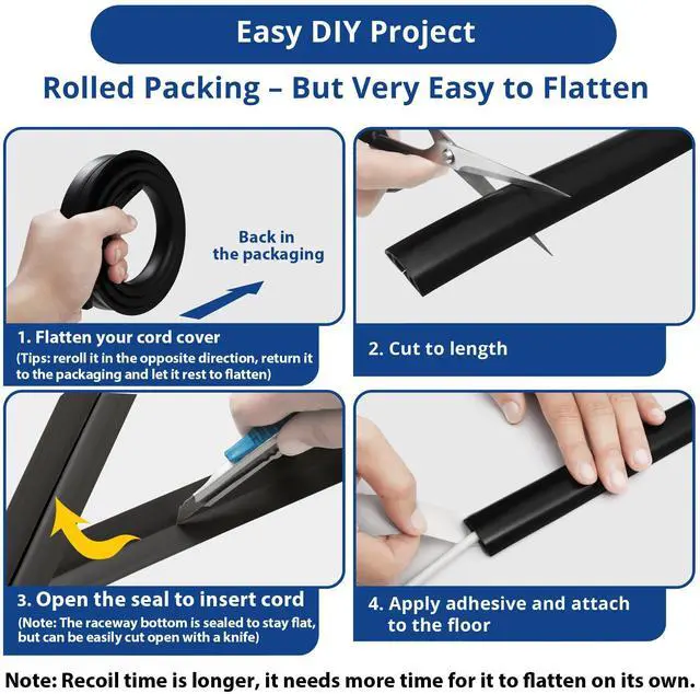 Alt view image 3 of 7 - Floor Cord Cover 4ft, Cord Hider Floor Black, Cable Management Cover Prevent Cable Trips, Wire Covers for Electric Power Cords, Wire Protector Cavity W0.47 x H0.28