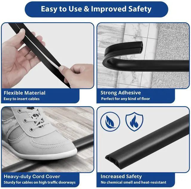Alt view image 6 of 7 - Floor Cord Cover 4ft, Cord Hider Floor Black, Cable Management Cover Prevent Cable Trips, Wire Covers for Electric Power Cords, Wire Protector Cavity W0.47 x H0.28