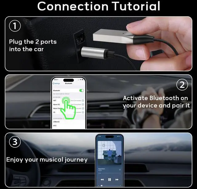 Alt view image 3 of 5 - Aux to Bluetooth 5.3 Adapter for Car, USB 2.0 to 3.5mm Bluetooth Receiver Jack Kit with Built-in Microphone Aux Input for Hands-Free Calls, Car Speaker, Home Audio, Music Streaming