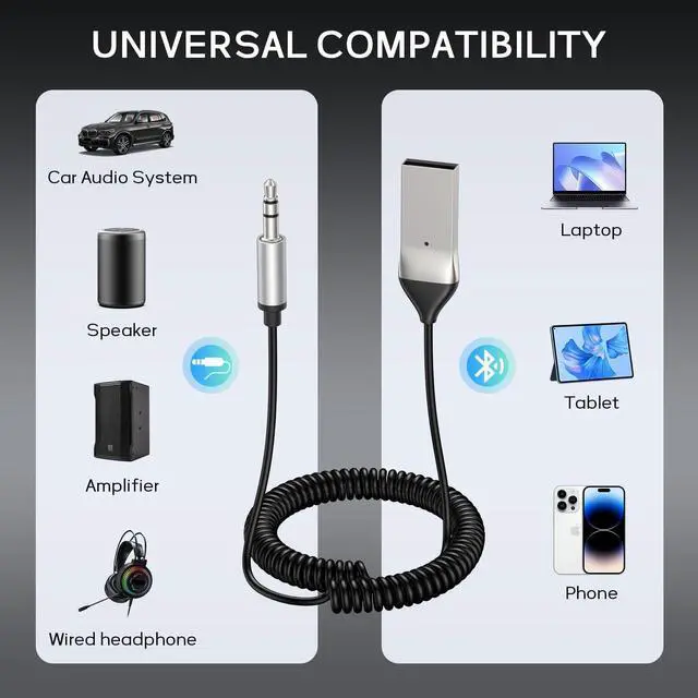 Alt view image 2 of 5 - Aux to Bluetooth 5.3 Adapter for Car, USB 2.0 to 3.5mm Bluetooth Receiver Jack Kit with Built-in Microphone Aux Input for Hands-Free Calls, Car Speaker, Home Audio, Music Streaming