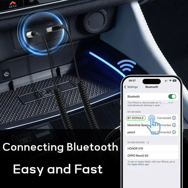 Alt view image 4 of 5 - Aux to Bluetooth 5.3 Adapter for Car, USB 2.0 to 3.5mm Bluetooth Receiver Jack Kit with Built-in Microphone Aux Input for Hands-Free Calls, Car Speaker, Home Audio, Music Streaming