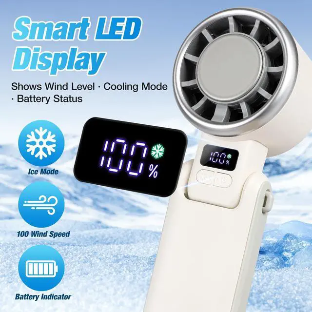 Alt view image 7 of 7 - Portable Turbo Handheld Fan with ICE Cooling 4000mAh Battery, 5-Speed Wind, Brushless Motor, Fast Charging USB-C, FFoldable, Wearable & Desktop Use, Mini Fan for Outdoor, Travel & Work