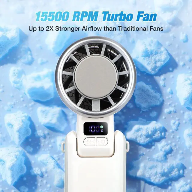 Alt view image 2 of 7 - Portable Turbo Handheld Fan with ICE Cooling 4000mAh Battery, 5-Speed Wind, Brushless Motor, Fast Charging USB-C, FFoldable, Wearable & Desktop Use, Mini Fan for Outdoor, Travel & Work