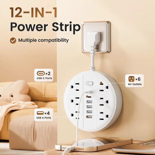 Alt view image 2 of 6 - Flat Plug Power Strip Surge Protector, Chiefway Outlet Extender with Multiple Outlets, 6 AC Outlets, 4 USB Ports, 2 USB C & On/Off Switch, Short Extension Cord for Home Room Dorm Essentials, Travel RV