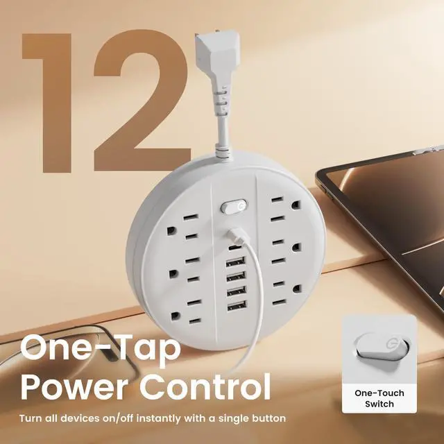 Alt view image 4 of 6 - Flat Plug Power Strip Surge Protector, Chiefway Outlet Extender with Multiple Outlets, 6 AC Outlets, 4 USB Ports, 2 USB C & On/Off Switch, Short Extension Cord for Home Room Dorm Essentials, Travel RV