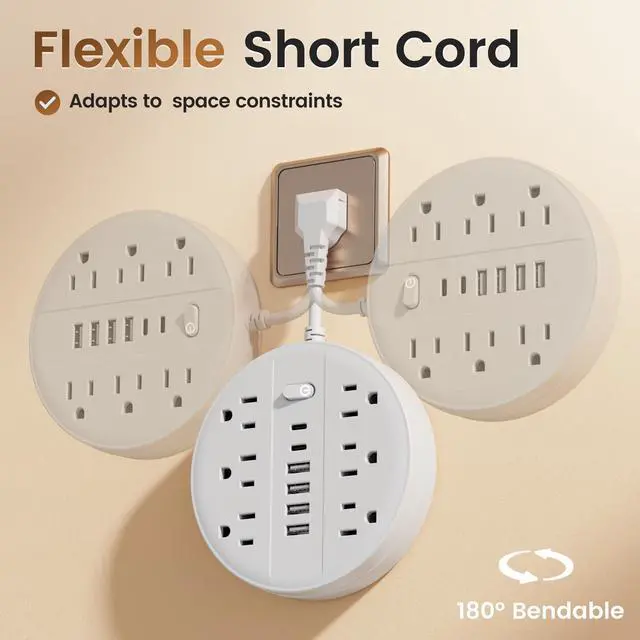 Alt view image 6 of 6 - Flat Plug Power Strip Surge Protector, Chiefway Outlet Extender with Multiple Outlets, 6 AC Outlets, 4 USB Ports, 2 USB C & On/Off Switch, Short Extension Cord for Home Room Dorm Essentials, Travel RV