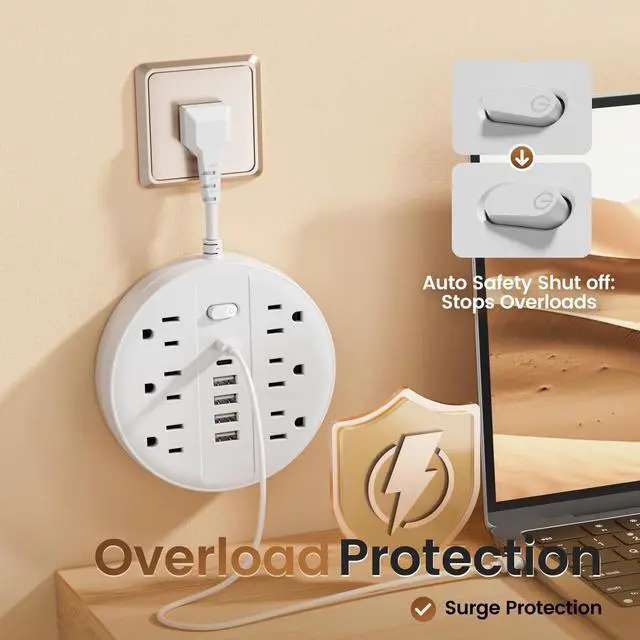 Alt view image 5 of 6 - Flat Plug Power Strip Surge Protector, Chiefway Outlet Extender with Multiple Outlets, 6 AC Outlets, 4 USB Ports, 2 USB C & On/Off Switch, Short Extension Cord for Home Room Dorm Essentials, Travel RV