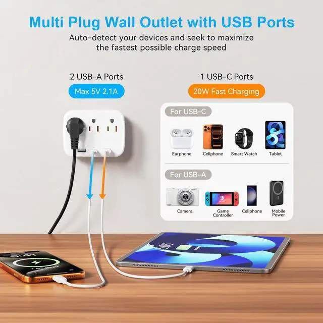 Alt view image 2 of 7 - Multi Plug Wall Outlet Splitter With USB, Multiple Outlet Extender Surge Protector With 3 USB Ports(1 USB C PD20W), Electrical Outlet Adapter Extension for Travel Home Office Dorm 2 Pack White