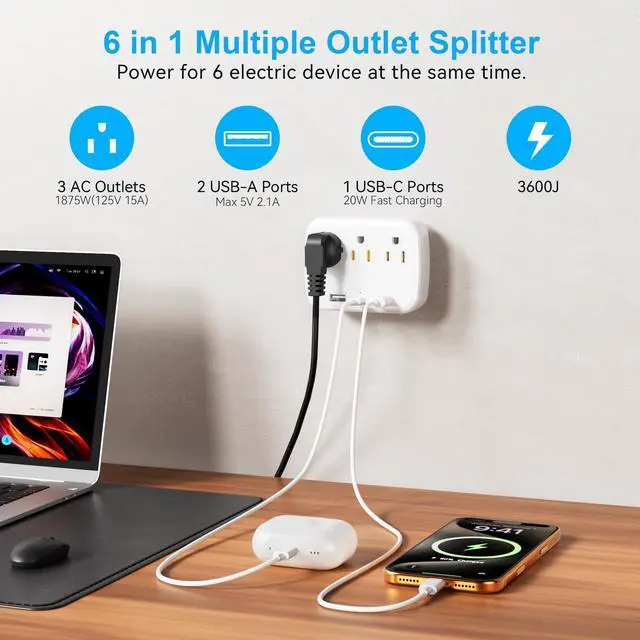 Alt view image 3 of 7 - Multi Plug Wall Outlet Splitter With USB, Multiple Outlet Extender Surge Protector With 3 USB Ports(1 USB C PD20W), Electrical Outlet Adapter Extension for Travel Home Office Dorm 2 Pack White