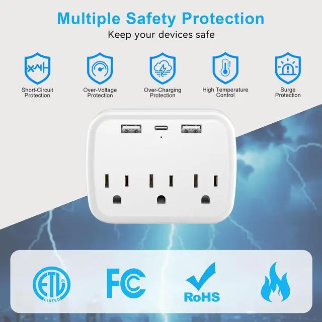 Alt view image 5 of 7 - Multi Plug Wall Outlet Splitter With USB, Multiple Outlet Extender Surge Protector With 3 USB Ports(1 USB C PD20W), Electrical Outlet Adapter Extension for Travel Home Office Dorm 2 Pack White