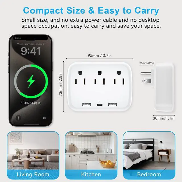 Alt view image 4 of 7 - Multi Plug Wall Outlet Splitter With USB, Multiple Outlet Extender Surge Protector With 3 USB Ports(1 USB C PD20W), Electrical Outlet Adapter Extension for Travel Home Office Dorm 2 Pack White
