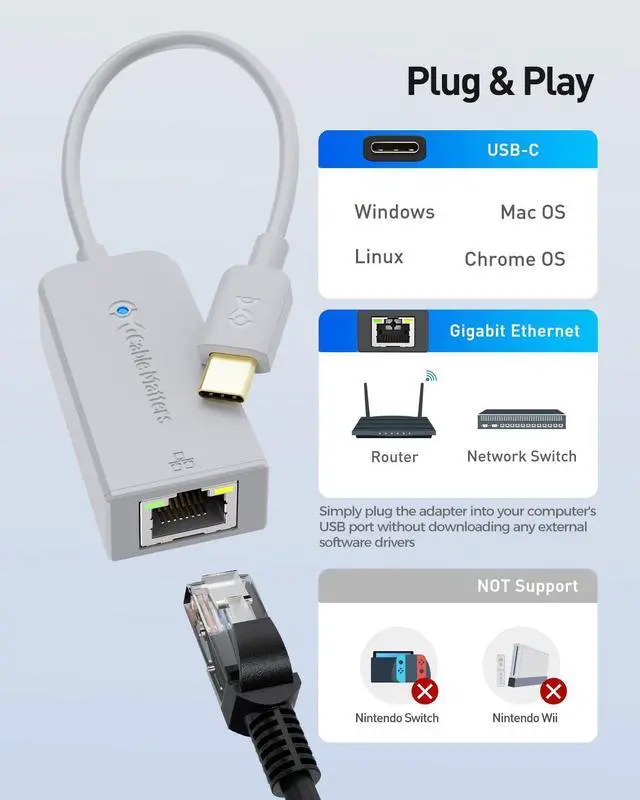 Alt view image 4 of 6 - USB C to Ethernet Adapter with 1Gbps, PXE, MAC Address Clone (Thunderbolt to Ethernet Adapter, Gigabit Network to USB C) in Gray - Compatible with MacBook Pro, XPS, Surface Pro