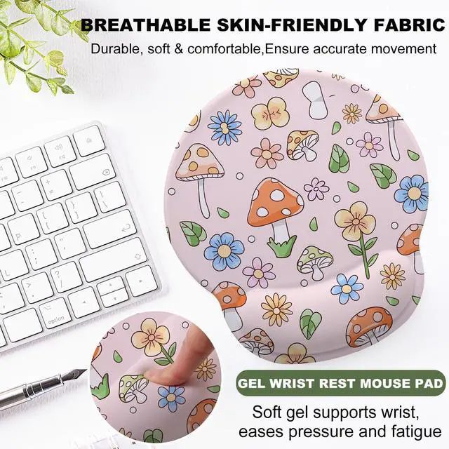 Alt view image 3 of 6 - Pink Mushroom Mouse Pad with Gel Wrist Support, Smooth Surface Ergonomic Mouse pad, Non-Slip Pain Relief Desk Mat for Gaming, Work & Office Desktop