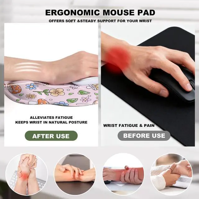 Alt view image 6 of 6 - Pink Mushroom Mouse Pad with Gel Wrist Support, Smooth Surface Ergonomic Mouse pad, Non-Slip Pain Relief Desk Mat for Gaming, Work & Office Desktop
