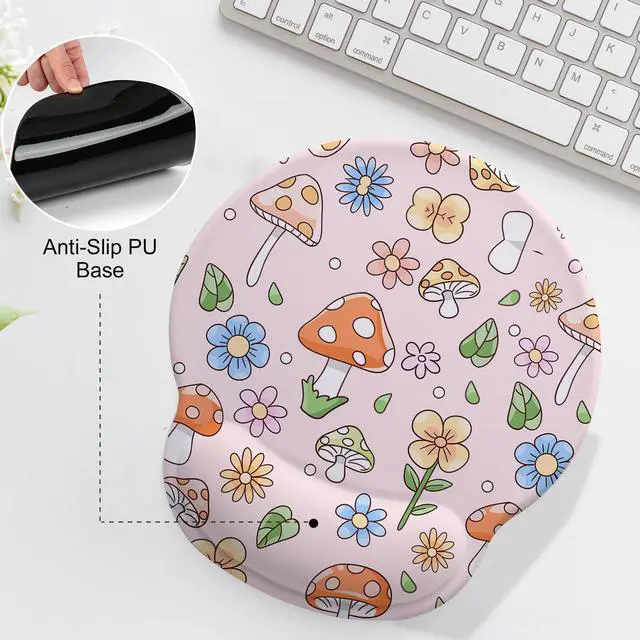 Alt view image 2 of 6 - Pink Mushroom Mouse Pad with Gel Wrist Support, Smooth Surface Ergonomic Mouse pad, Non-Slip Pain Relief Desk Mat for Gaming, Work & Office Desktop