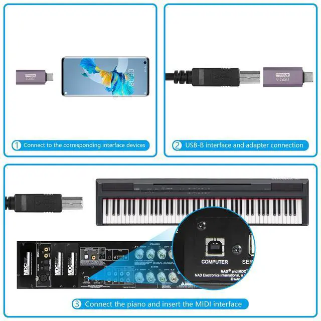 Alt view image 4 of 7 - 2 Pack USB C to USB B Adapter Type C to MIDI Convert Connector Type C Male to USB B Female Printer Adapter for Eectric Piano DAC,Synthesizer,DJ Controller,Keyboard,Printer (90 Degree)