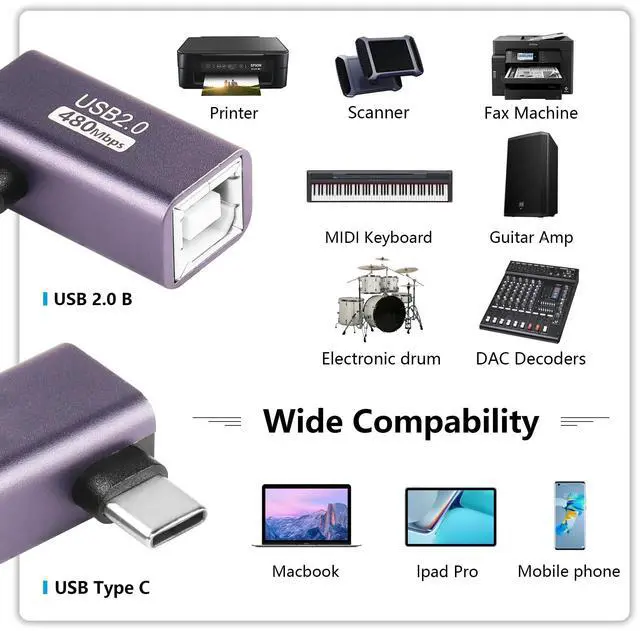 Alt view image 5 of 7 - 2 Pack USB C to USB B Adapter Type C to MIDI Convert Connector Type C Male to USB B Female Printer Adapter for Eectric Piano DAC,Synthesizer,DJ Controller,Keyboard,Printer (90 Degree)