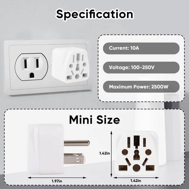 Alt view image 5 of 7 - 3 Pack US Travel Plug Adapter- EU, UK, AU, CN, JP, Italy, Brazil to American Plug Adapter, Universal Plug Adapter for USA- Type B, White