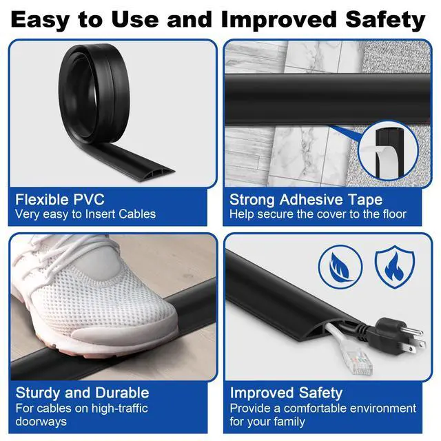 Alt view image 3 of 5 - Cable Cover Floor 6FT, Black Floor Cord Cover, Single Cord Protector Extension Cord Covers for Floor, Floor Wire Covers for Cords - Floor Wire Cover Cord Cavity: 0.47" (W) x 0.24" (H)